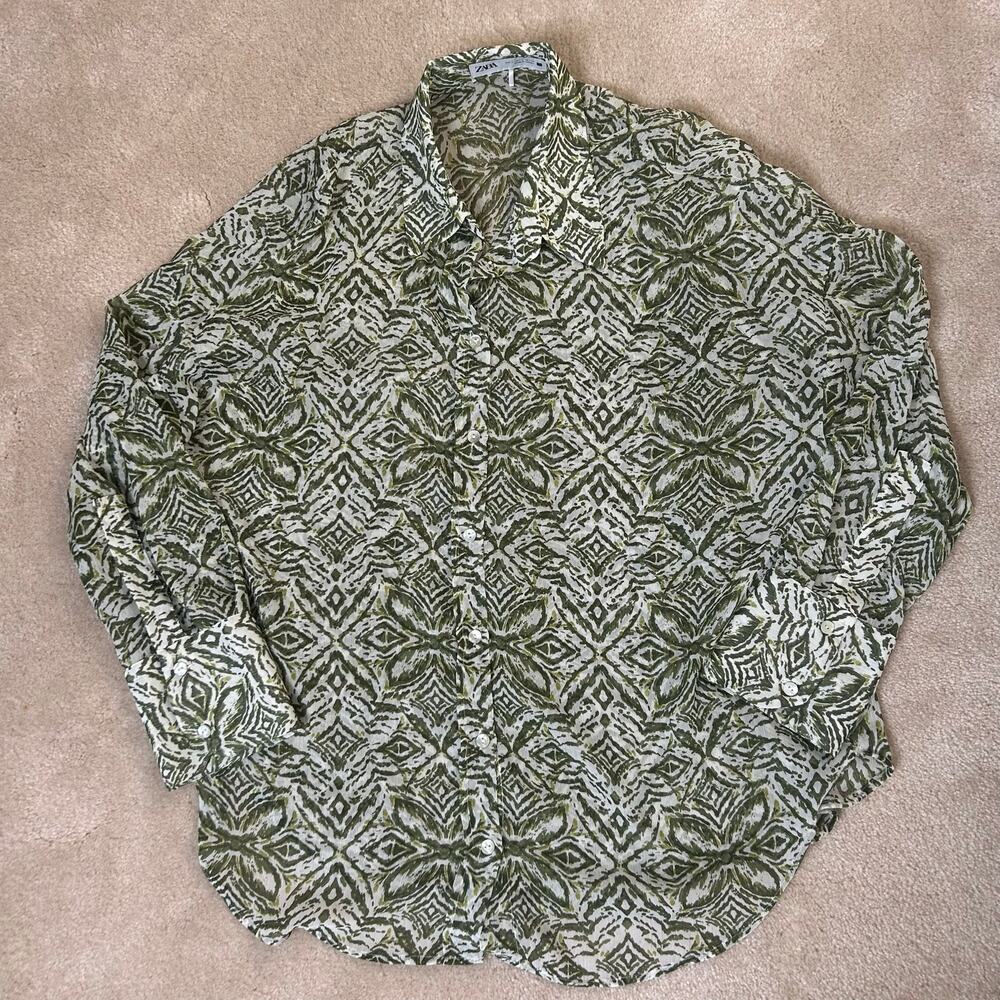 Zara Flowy Lightweight Green and White Abstract Print Long Sleeve Blouse - Picture 5 of 12